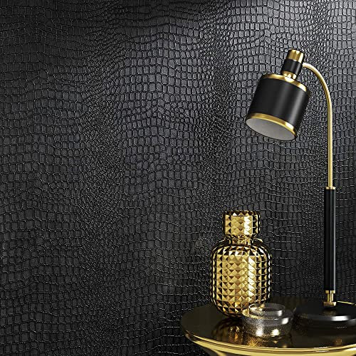 Crocodile Black Wallpaper- Leather Textured Black Wallpaper Heavyweight Unpasted Wallpaper Rolls 58 sq ft