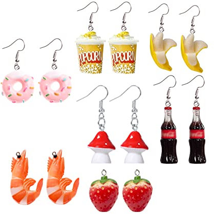 YouU 7 Paar Cartoon Snacks - Kreative Ohrringe mit Süße Obst, Popcorn, Hamburger, Banane, Donut, Pilz & Erdbeer Design