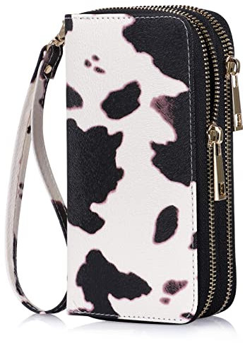 HAWEE Geldbörse mit doppeltem Reißverschluss für Damen, Clutch, Geldbörse mit Handyhalter für Smartphone/Karte/Münze/Bargeld, Kuh Off-White, 6.9*3.5*1.9 inch, Casual