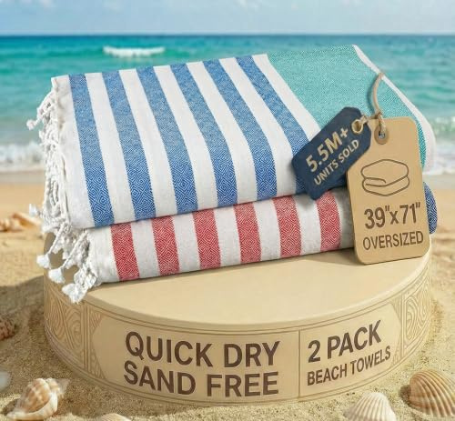 LANE LINEN Beach Towels For Women, 2 Pack Large Turkish Towels Oversized, Pre-Washed, No-Shrink Sand Free Towel, Quick Dry, Lightweight Travel,Soft Beach Essentials 39x71 - Stripe