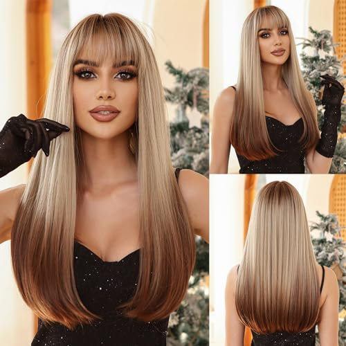 Allbell Blonde Perücke für Frauen, lange gerade Perücke, Perücke mit Pony, Ombre Perücke, 26 Zoll synthetische Perücke, hitzebeständige Perücke für den täglichen Gebrauch (Braun-Blond-Braun)