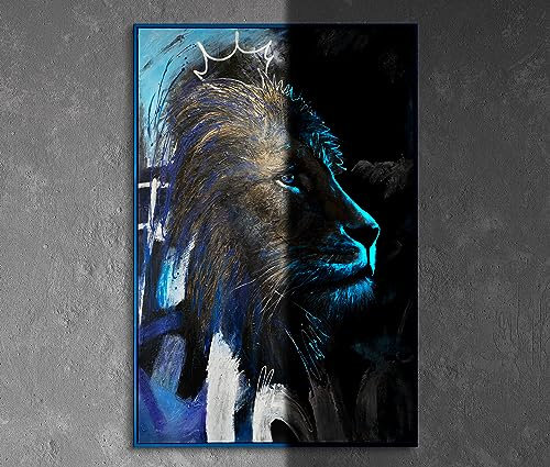 YS-Art XXL Abstrakt Fluoreszierendes selbst leuchtendes Acryl 3D Gemälde auf Leinwand Erwachen der Kraft handgemalt Wohndekor Löwe Bild echte Kunst 140x100 cm