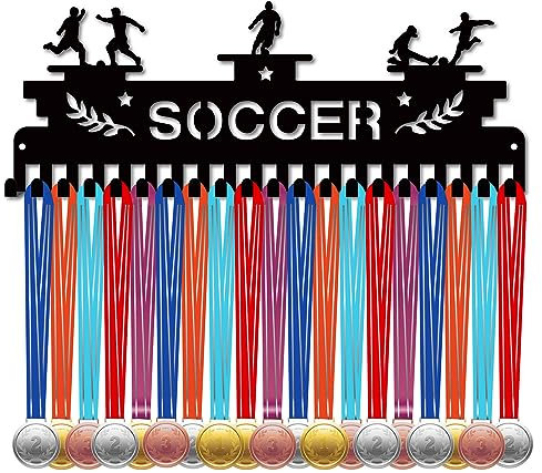 CREATCABIN Fußball-Medaillenaufhänger-Medaillenhalter,Sportspieler-Medaillen-Ausstellungsständer,Wandhalterung,Schwarzes Metall-Medaillenhalter-Rack Mit 20 Haken Für Auszeichnungen,Band,Cheer,40x15cm