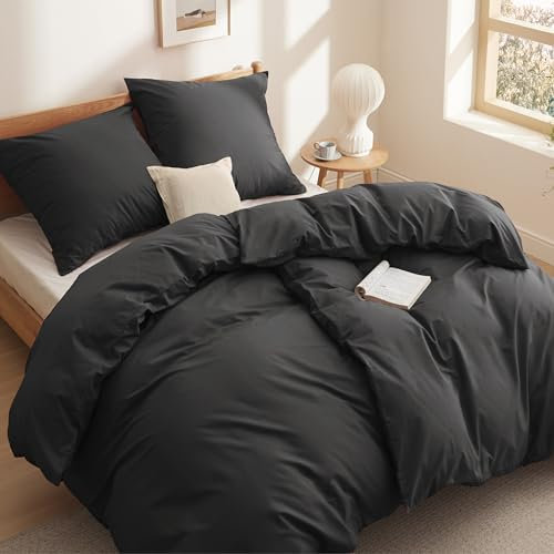 BEDSURE Bettwäsche 135x200 Baumwolle 4teilig - Bettwäsche-Sets Schwarz Bettbezug 2er Set mit 2 Kissenbezüge 80x80 cm, Oeko-TEX Bedding Schwarz mit Reißverschluss