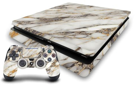 Head Case Designs Weiß, Gold Und Grau Marmor Vinyl Haut Gaming Aufkleber Abziehbild Abdeckung kompatibel mit Sony PlayStation 4 PS4 Slim Console and DualShock 4 Controller