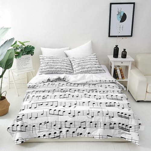 ANHOPE Retro Musik Anmerkung Bettwäsche Set Weich Microfaser Bettbezüge mit Reißverschluss 3 Teilig Bettbezug 135x200 cm & 2 Kissenbezug 50x70 cm Ganzjahres Bettdeckenbezug Set