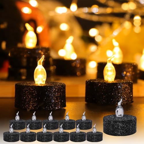 TINYOUTH 12 Stück LED Teelichter Flackernde, Deko Tisch LED Kerzen Elektrische Teelichter, Batterien Enthalten für Hochzeitsfeier Jubiläum Verlobung Dekoration, Schwarz Glitzernd