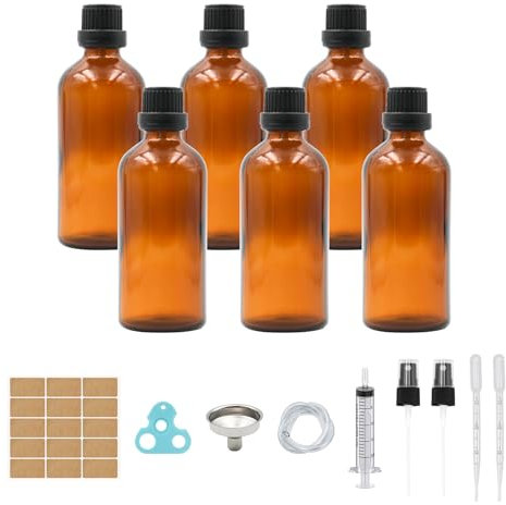 Reyshin Lot de 6 flacons en verre ambré de 100 ml avec petites bouteilles en verre ambré, compte-gouttes, entonnoir, étiquette (marron, 100 ml)