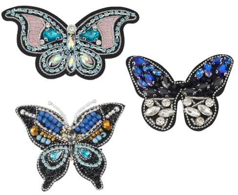 INFUNLY 3 Stil Schmetterling-Strass-Aufnäher Zum Aufnähen Schmetterlings-Kristall-Applikationen Blaue Perlen-Schmetterlings-Stickerei Motiv-Applikation Tiere Perlen Abzeichen Für Kleidung Tasche