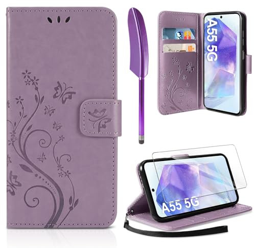 AROYI Coque Compatible avec Samsung Galaxy A55 5G, Retro Design PU Etui Housse en Cuir Portefeuille de Protection Fonction Stand Video Porte Carte Credit Ticket Flip Case Violet