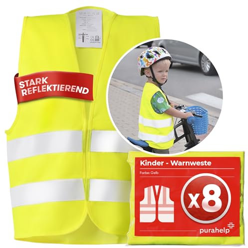 PURAHELP Warnweste Kinder (5-12 Jahre) Sicherheitsweste (8 Stück) für den Schulweg, Fahrrad, Auto - Reflektierende Warnweste Gelb