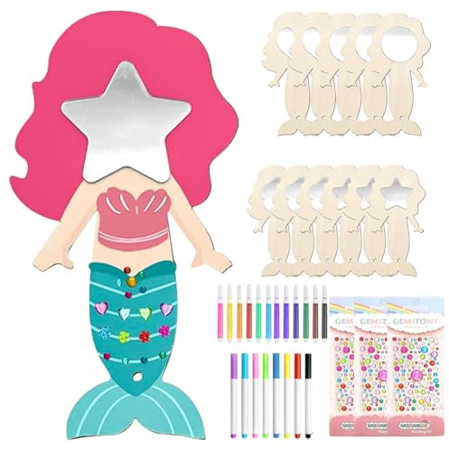 Ainiv 12 Stück Meerjungfrau Bastelset, Holzspiegel zum Bemalen für DIY Kinder Malen, Mini Holz Prinzessin Spiege, Basteln Kinder Creative Painted Mirrors für Mädchen Bastelset Mitgebsel Geschenk Party