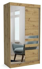 Brent - Kleiderschrank mit Spiegel Henry, 100cm Breit, Schlafzimmerschrank mit 1 Kleiderstange und Einlegeböden für Kleidung, Kleiderschrank Artisan Eiche