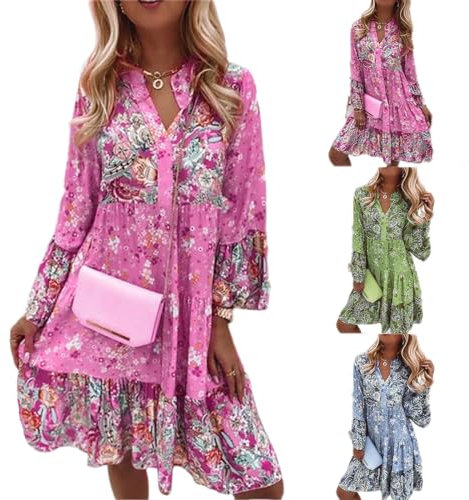 Générique Robe Polka Dot Col V Lâche Manches 3/4 Imprimé Mi-Longue Robe Décontracté Manche Courte Robes Ete Plage Robe Femme Sexy Chic Léopard Robe de Plage Bohème Élégant Robe (Rose, L)
