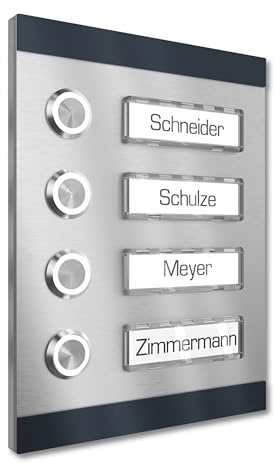 Graviers Design Aufputz Türklingel für Mehrfamilienhaus 4 Namensschilder austauschbar - V2A Edelstahl Klingel 140x185 mm Pulverbeschichtet RAL 7016 - Beleuchtung wählbar LED Taster