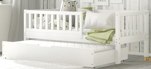Profiwood Montessori Kinderbett mit Geländer und Schublade -Einzelbett für Kinder mit Stauraum Holzstruktur Fein Geschliffen - Natürliche Holzfarbe - Massives Kiefernholz -Ohne Matratze (80x160 cm)