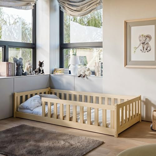 Kids Collective Letto a terra Montessori per bambini 90 x 190 cm con protezione anticaduta e rete a doghe Naturale Altre misure 80 x 160 cm 120 x 200 cm 140 x 200 cm