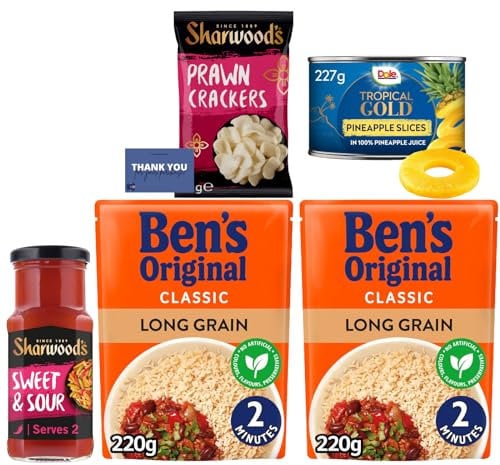 Sweet & Sour Asian Bundle Consists of Stir Fry Sauce, Prawn Crackers, Pineapple Slices, and Microwave Rice