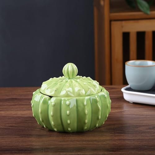 Keramik-Aschenbecher mit Deckel, Kaktusform Winddichter Raucher-Aschenbecher, Einfache Moderne Dekoration Tisch-Aschenbecher, Zigaretten-Aschenbecher für Zuhause Büro Garten(Light green)