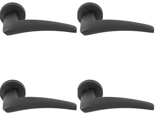 4 Pack - Premium Elegant Curve Door Handle Set - Anthracite Grey Bar Lever on Round Rose