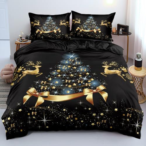 Luofanfei Weihnachts Bettwäsche 135x200 4teilig Schwarz Gold Blau Weihnachtsbaum Rentier Warm Weiche Bettwäsche Set Weihnachten Microfaser Bettbezüge und 2 Kissenbezüge 80x80cm mit Reißverschluss
