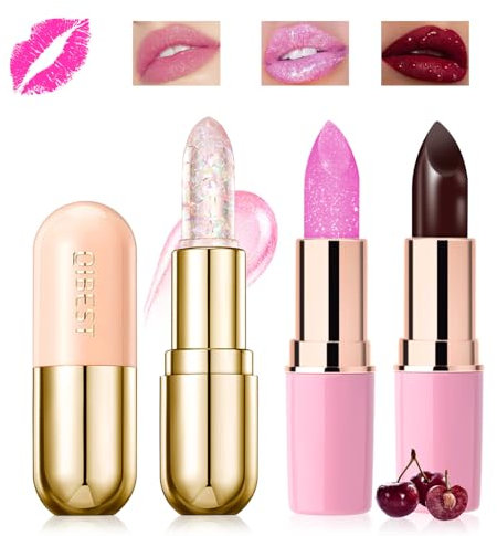 Likesing 3 Stück Glitzer Lippenstift Rot Pink Set Transparent Temperaturempfindlicher Faebverändernder Lipgloss 24 Stunden Halt Lipstick Magic Color Changing Lip Gloss Balm Make up Damen Geschenk