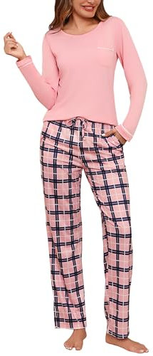 Irdcomps Pyjama Femme Hiver Coton Ensemble de Pyjamas Vêtements de Nuit à Manches Longues col Rond Pantalon de Pyjamas à Carreaux avec Poches Rose M