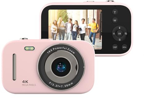 Andoer 4K Digital Camera, 48MP Digital Video Camera 2.4 Inch Screen Camcorder 16X Digital Zoom Anti-shake Face Detection Beauty Effect Motion detection Built-in Flash Battery (Light Pink)