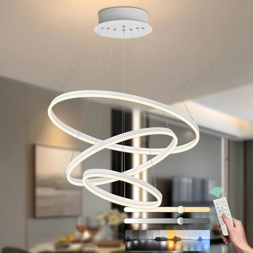 YYUTLUO Moderner DIY-Kreis-LED-Kronleuchter, 3 Weiß Ring, ∅20+40+60cm=45W, H200cm Höhe Verstellbar, Metall+Acryl, Dimmbare Fernbedienung, Runde Hängelampe, Wohnzimmer Schlafzimmer Restaurant Büro