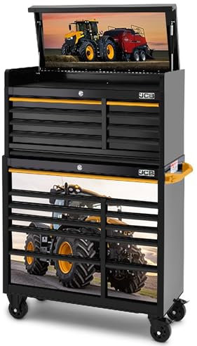 JCB 42’’ 11 Roller Cabinet and 8 Drawer Top Tool Chest Stack with Fastrac Tractor Wrap