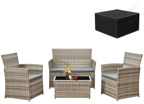 Aweather 4 Seater Rattan Garden Furniture Set with Waterproof Furniture Cover(Grey)