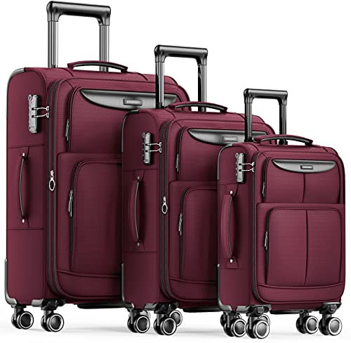 SHOWKOO Kofferset 3 Teilig Stoffkoffer Weichschale Erweiterbar Reisekoffer Leicht Haltbar Trolley Handgepäck Sets mit TSA Schloss und 4 Rollen (M L XL -Rot)