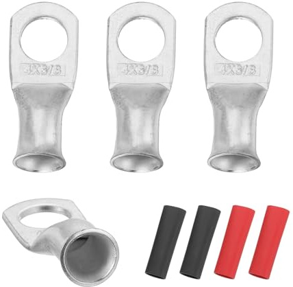 sourcing map 4pcs 4 AWG M10 Battery Lugs Ring Terminals, 3/8 10mm,Silver | Stud Crimp Wire,Terminal Connector End Copper, 3:1 Heat Shrink Tubing