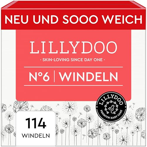 LILLYDOO hautfreundliche Baby Windeln - Größe 6 (13+ kg),Monatsbox (114 Stück), Sicherer Auslaufschutz, Weich, Parfümfrei, Ohne Lotionen & Farbstoffe für empfindliche Haut, Dermatologisch getestet