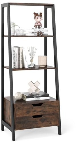 COSTWAY Scaffale a Scala, Libreria in Legno a 4 Ripiani con 2 Cassetti, Scaffale Salvaspazio da Terra per Camera da Letto, Studio, Ufficio e Soggiorno, 52 x 39,5 x 134 cm (Marrone)