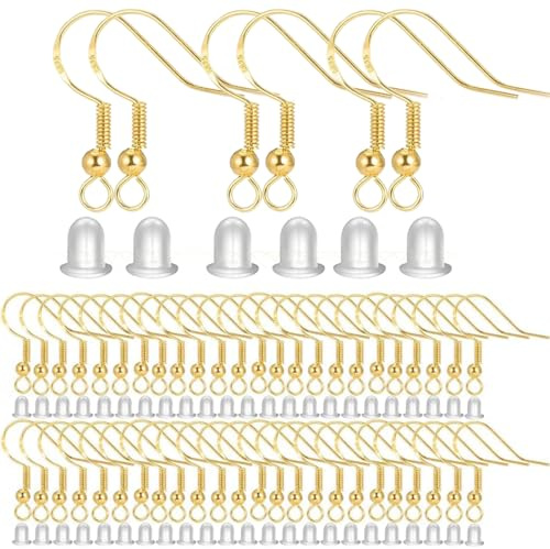 NJCXOLA 100 Pezzi Ganci Orecchini, Ganci Orecchini Fai Da Te Anallergici, 100 Tappi Trasparenti Per DIY Orecchini, Creazione di Gioielli, Accessori per Orecchini(Oro)