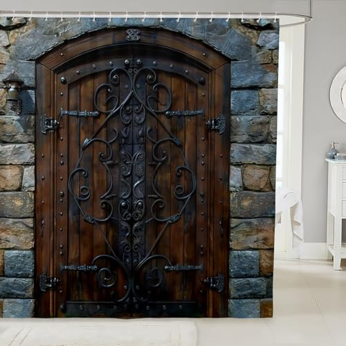 Homewish Rideau Douche 180x210cm Château Médiéval, Rideaux de Douche Porte en Bois Vintage, Rideau de Baignoire Mur en Pierre Rétro, Rideaux Salle de Bain Bleu Brun