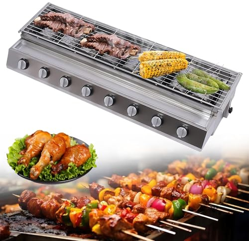 CIELOBLOEN Familien-Gasgrill & Seitenkocher mit 8 Flammen – Edelstahl, Großes Grillfläche, Für Camping, Ausflüge und Balkon-Grillen