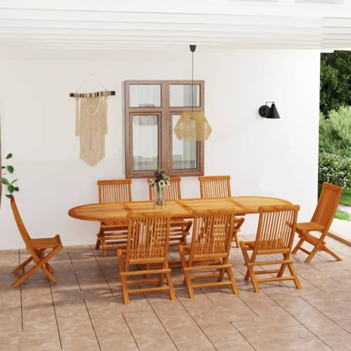 QJBSAVVA 9-TLG. Garten-Essgruppe aus Teakholz 180-280 cm ausziehbarer Gartentisch & 8 Klappstühle, Robustes Holz-Outdoor-Möbelset mit Schirmloch für Garten Terrasse Balkon