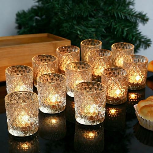 12 Stück Teelichtgläser Vintage - Windlicht Glas(Ø5.5cm X H 6.5cm), Teelichthalter Glas mit Prägung, Verwendung für Tischdekoration, Heimdekoration, Kerzenbecher Weihnachten und Geburtstage