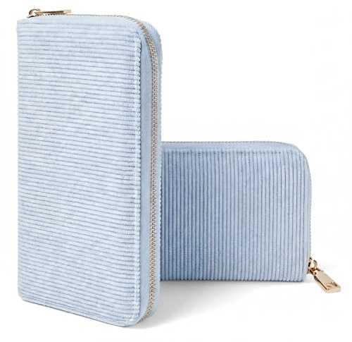 MillyMilk® Fondo Large – Großer Damen Cord Geldbeutel – Stoff Portemonnaie Vegan viel Platz für Karten, Münzen & Scheine – Formstabile Damenbörse mit Reißverschluss – Organizer Geldbörse (HELLBLAU)