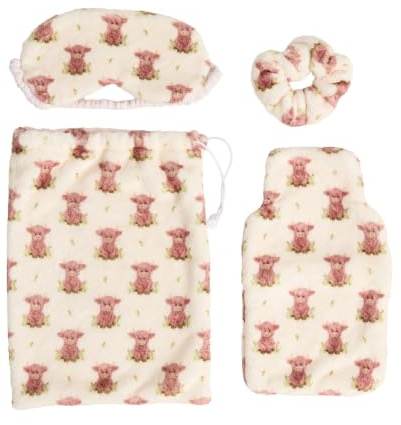 OHS Hot Water Bottle Set 5 Piece Womens Gift Sets, Natural Highland Cow | Winter Gifts Include 750ml Hot Water Bottle with Faux Fur Cover, Eye Mask, Fluffy Socks, Fluffy Scrunchie, Draw String Bag
