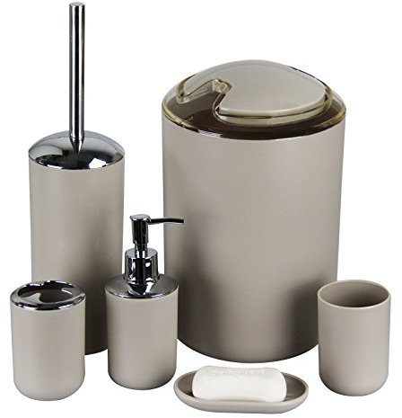 IMAVO Ensemble d'accessoires de Salle de Bain, 6 pièces en Plastique, Porte-Brosse à Dents, gobelet à Brosse à Dents, Distributeur de Savon, Porte-Savon, Support de Brosse de Toilette, Poubelle