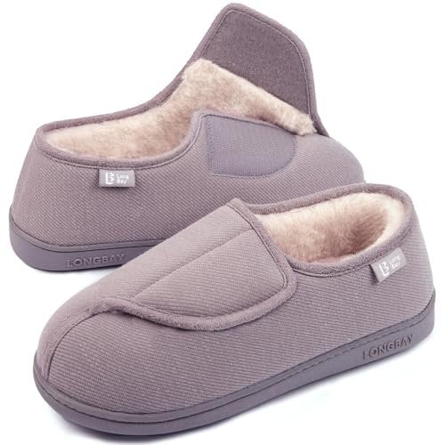 LongBay Women's Furry Memory Foam Diabetic Slippers Comfy Cozy Arthritis Edema House Shoes Grey 6 UK