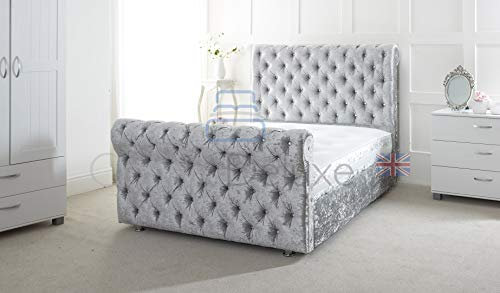 Chesterfield Sleigh Bed in Crushed Velvet |Bed Frame Only (Double 4FT6, Silver)