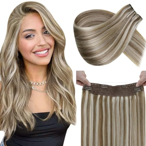 LaaVoo Remy Flip in Extensions Echthaar mit Draht Braun Blond Invisible Wire Extensions Hellbraun Highlighted Hellblond Fish Line Hair Extensions Echthaar Glatt #P8/60 80g 30cm