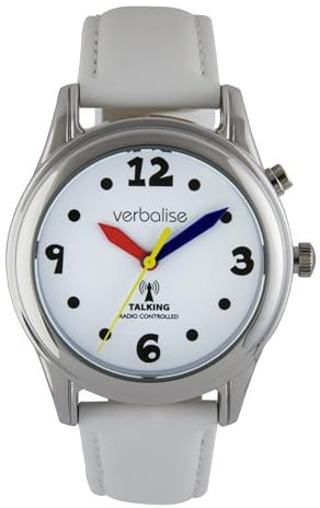 Verbalise Trendy Radio Controlled Talking Watch with Dzte, Alarms,and White Leather Strap