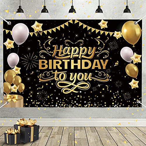 Hintergrund für Geburtstagsfeier, Happy Birthday, Banner, Stoff, Poster, Banner, Hintergrund für Fotografie, Geburtstag, für Partydekoration (schwarz)