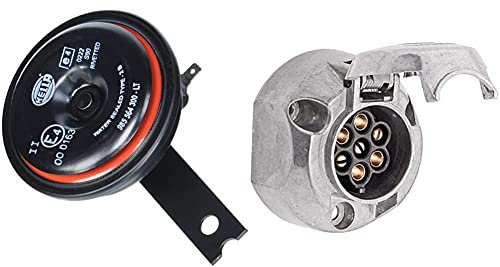 HELLA 3AL 922 000-951 Horn - S90-12V - 113dB(A) - Frequenzbereich: 350Hz - Tiefton - Gehäusefarbe: rot/schwarz & Steckdose - 12V - 7-polig - Zinnbronze - Metallgehäuse - DIN/ISO: 1724