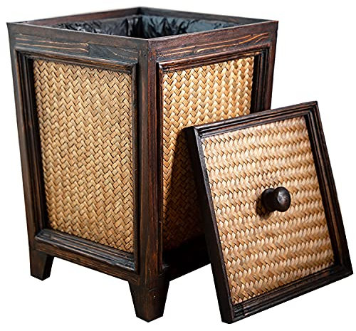Primo Supply Rattan 7L Trash Can - Hand Woven Brown Square Garbage Bin with Lid - Small Wooden Bathroom Kitchen Decorative Waste Basket